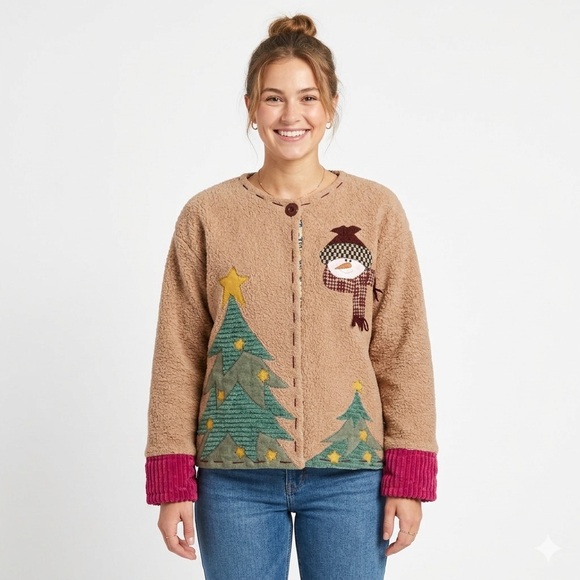 Vintage Snowman & Christmas Tree Sherpa Fleece Jacket Large/Extra Large - Picture 4 of 17